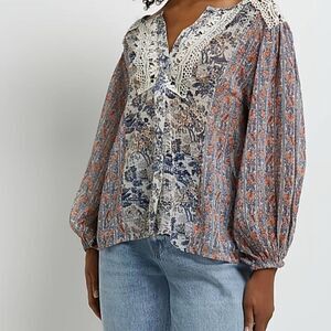 HD in Paris blouse lace chinoiserie pheasant bohemian loose fit long sleeve sz 4